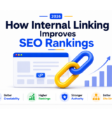 Internal linking SEO illustration showing connected website pages, chain links, and ranking growth elements representing improved SEO performance.