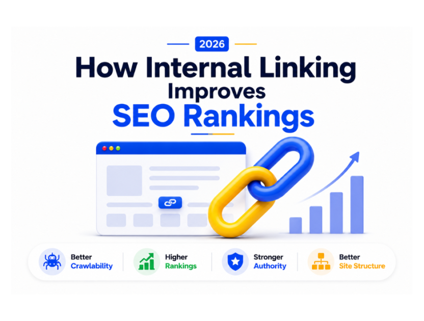 Internal linking SEO illustration showing connected website pages, chain links, and ranking growth elements representing improved SEO performance.