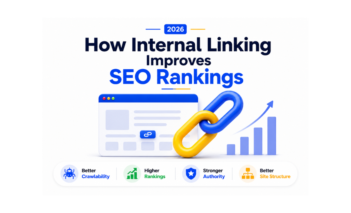 Internal linking SEO illustration showing connected website pages, chain links, and ranking growth elements representing improved SEO performance.