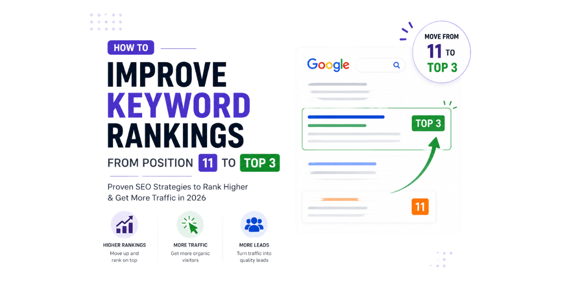 Illustration showing how to improve keyword rankings from position 11 to Google’s top 3 search results using SEO strategies in 2026.