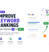 How to Improve Keyword Rankings From Position 11 to Top 3 in Google (2026 Guide) Illustration showing how to improve keyword rankings from position 11 to Google’s top 3 search results using SEO strategies in 2026.