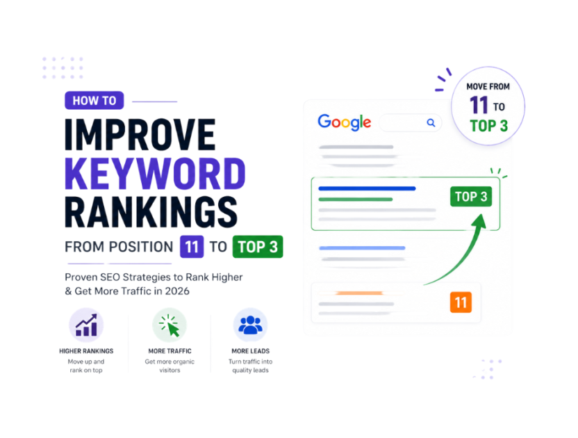 How to Improve Keyword Rankings From Position 11 to Top 3 in Google (2026 Guide) Illustration showing how to improve keyword rankings from position 11 to Google’s top 3 search results using SEO strategies in 2026.