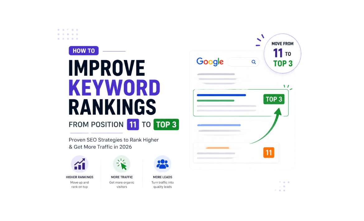 Illustration showing how to improve keyword rankings from position 11 to Google’s top 3 search results using SEO strategies in 2026.
