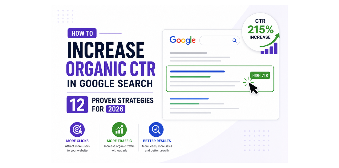 Illustration showing strategies to increase organic CTR in Google Search with SEO optimization, Google search results, and traffic growth elements.