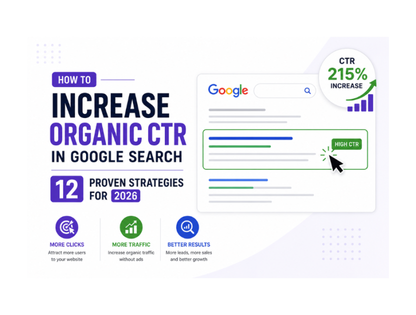 How to Increase Organic CTR in Google Search (2026 Guide) Illustration showing strategies to increase organic CTR in Google Search with SEO optimization, Google search results, and traffic growth elements.