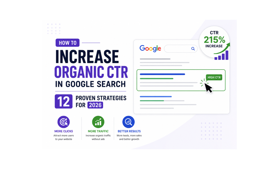 Illustration showing strategies to increase organic CTR in Google Search with SEO optimization, Google search results, and traffic growth elements.