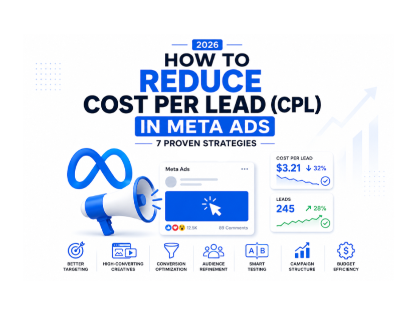 How to Reduce Cost Per Lead (CPL) in Meta Ads 7 Proven Strategies for 2026 Modern infographic cover image showing strategies to reduce Cost Per Lead (CPL) in Meta Ads with Meta logo, marketing analytics dashboard, and conversion optimization icons for 2026.