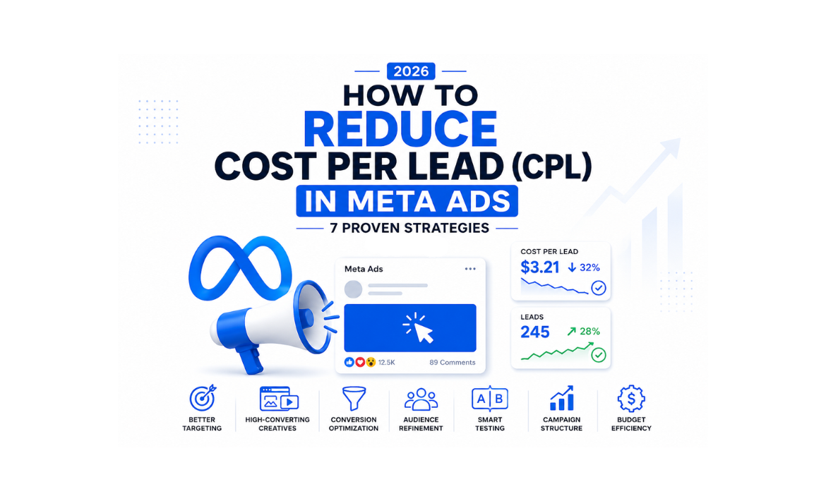 Modern infographic cover image showing strategies to reduce Cost Per Lead (CPL) in Meta Ads with Meta logo, marketing analytics dashboard, and conversion optimization icons for 2026.