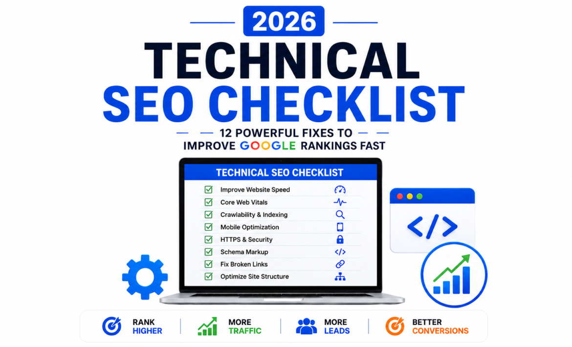 Infographic showing a 2026 technical SEO checklist on a laptop screen with optimization icons, highlighting website speed, Core Web Vitals, indexing, mobile optimization, HTTPS security, schema markup, broken link fixes, and site structure improvements.