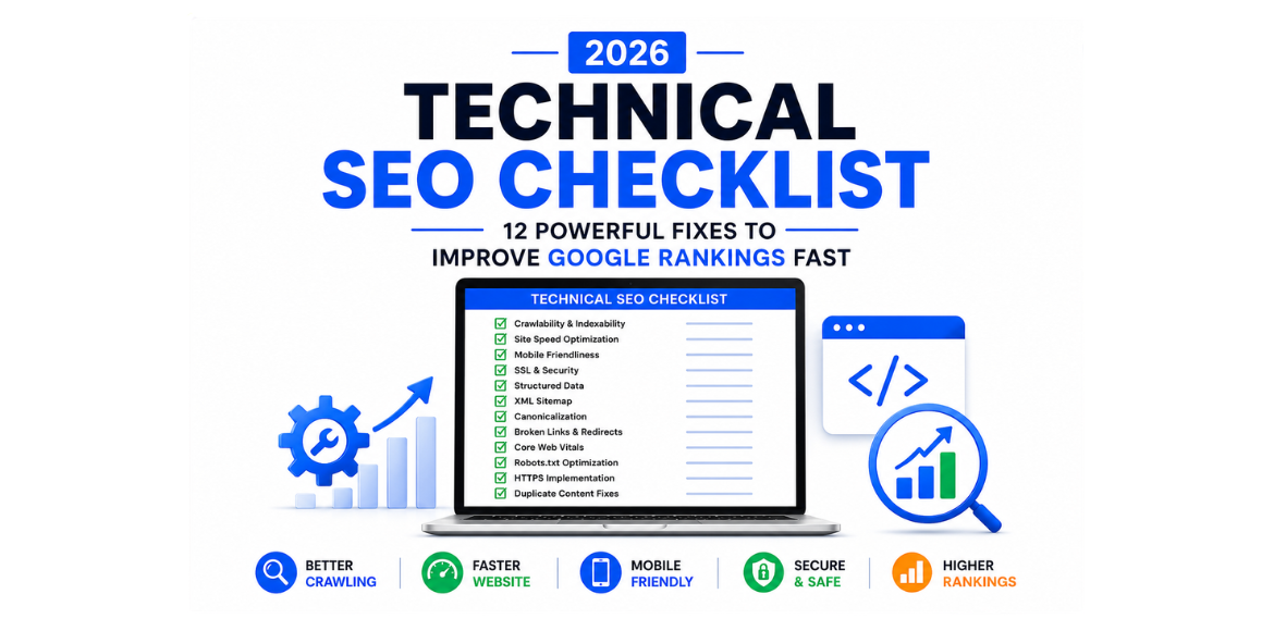 Technical SEO Checklist 2026 infographic showing SEO optimization fixes to improve Google rankings, website speed, crawling, and mobile performance.