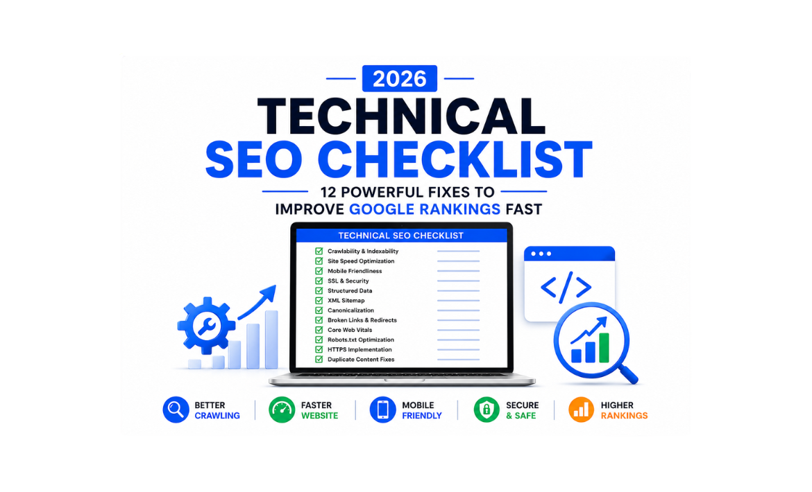 Technical SEO Checklist for 2026 12 Powerful Fixes to Improve Google Rankings Fast Technical SEO Checklist 2026 infographic showing SEO optimization fixes to improve Google rankings, website speed, crawling, and mobile performance.