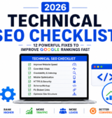 Infographic showing a 2026 technical SEO checklist on a laptop screen with optimization icons, highlighting website speed, Core Web Vitals, indexing, mobile optimization, HTTPS security, schema markup, broken link fixes, and site structure improvements.