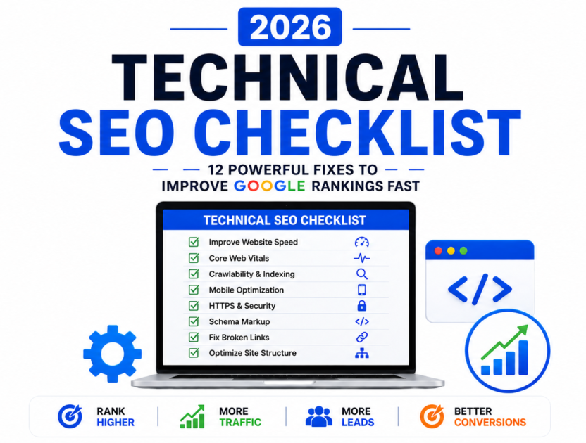 Infographic showing a 2026 technical SEO checklist on a laptop screen with optimization icons, highlighting website speed, Core Web Vitals, indexing, mobile optimization, HTTPS security, schema markup, broken link fixes, and site structure improvements.