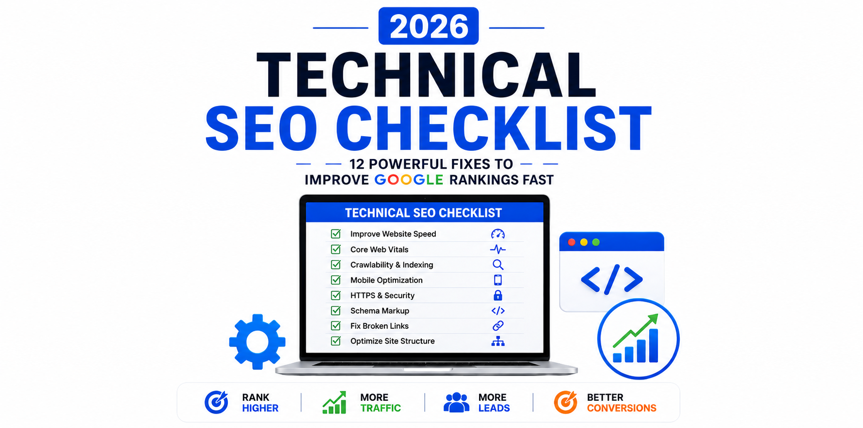 Infographic showing a 2026 technical SEO checklist on a laptop screen with optimization icons, highlighting website speed, Core Web Vitals, indexing, mobile optimization, HTTPS security, schema markup, broken link fixes, and site structure improvements.