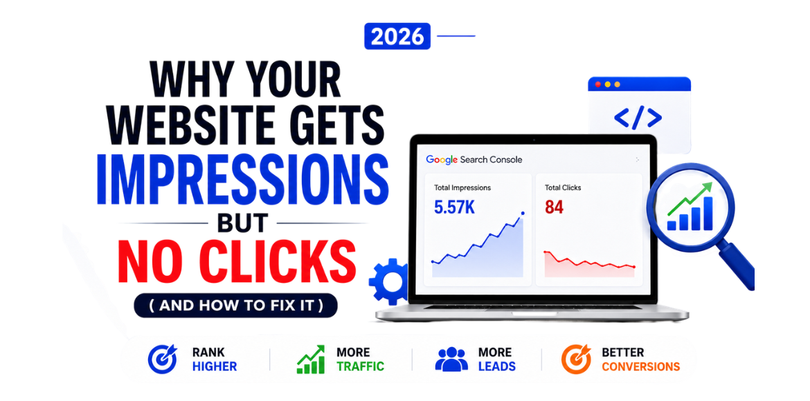 Website impressions but no clicks SEO optimization illustration with analytics dashboard