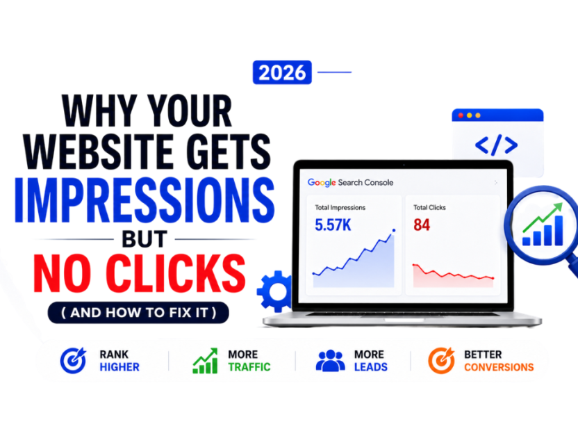 Website impressions but no clicks SEO optimization illustration with analytics dashboard