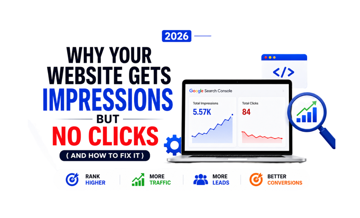 Website impressions but no clicks SEO optimization illustration with analytics dashboard
