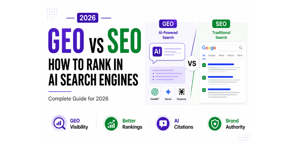 Illustration comparing GEO (Generative Engine Optimization) and SEO strategies for improving visibility in AI search engines like ChatGPT, Gemini, Perplexity, and Google AI Overviews.