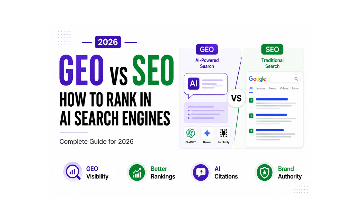 Illustration comparing GEO (Generative Engine Optimization) and SEO strategies for improving visibility in AI search engines like ChatGPT, Gemini, Perplexity, and Google AI Overviews.