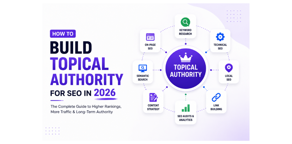 Illustration showing topical authority SEO strategy with topic clusters, keyword research, internal linking, content strategy, and link building to improve search rankings in 2026.