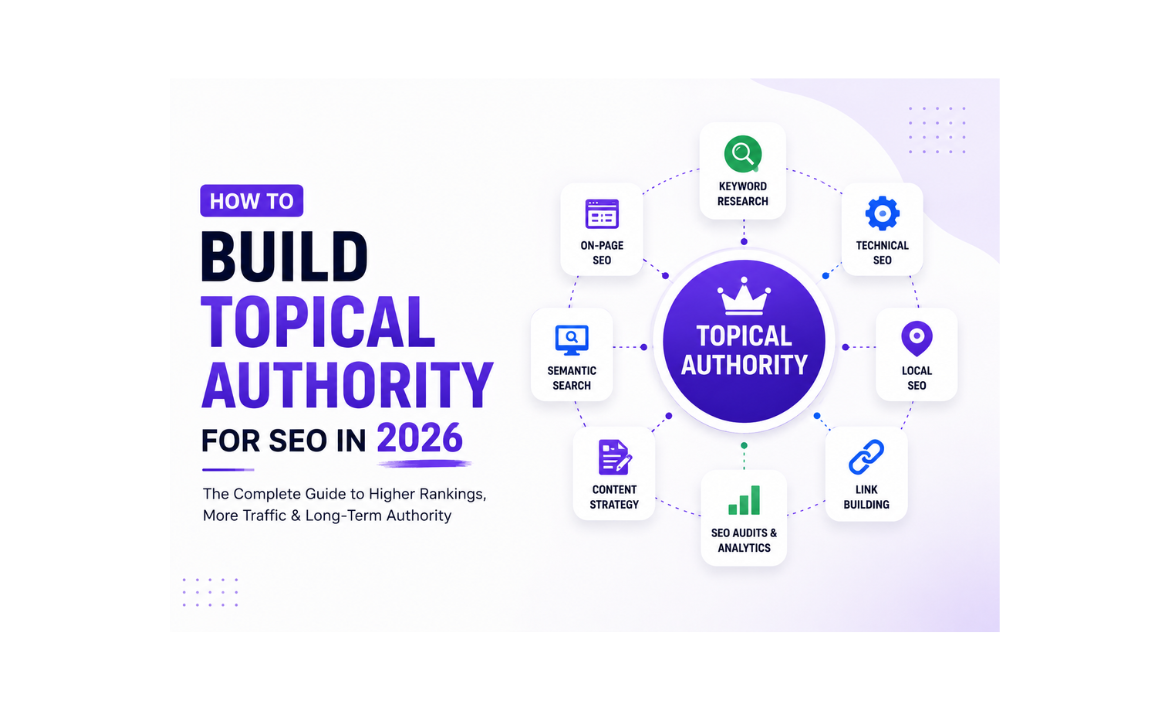 Illustration showing topical authority SEO strategy with topic clusters, keyword research, internal linking, content strategy, and link building to improve search rankings in 2026.