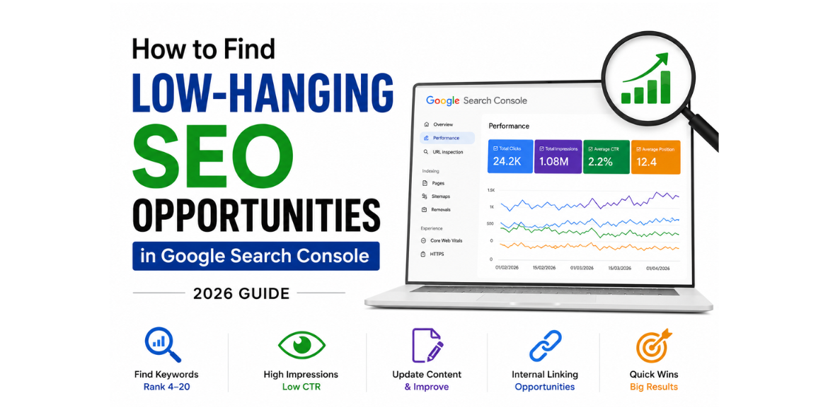 Illustration showing how to find low-hanging SEO opportunities using Google Search Console to improve keyword rankings and organic traffic.