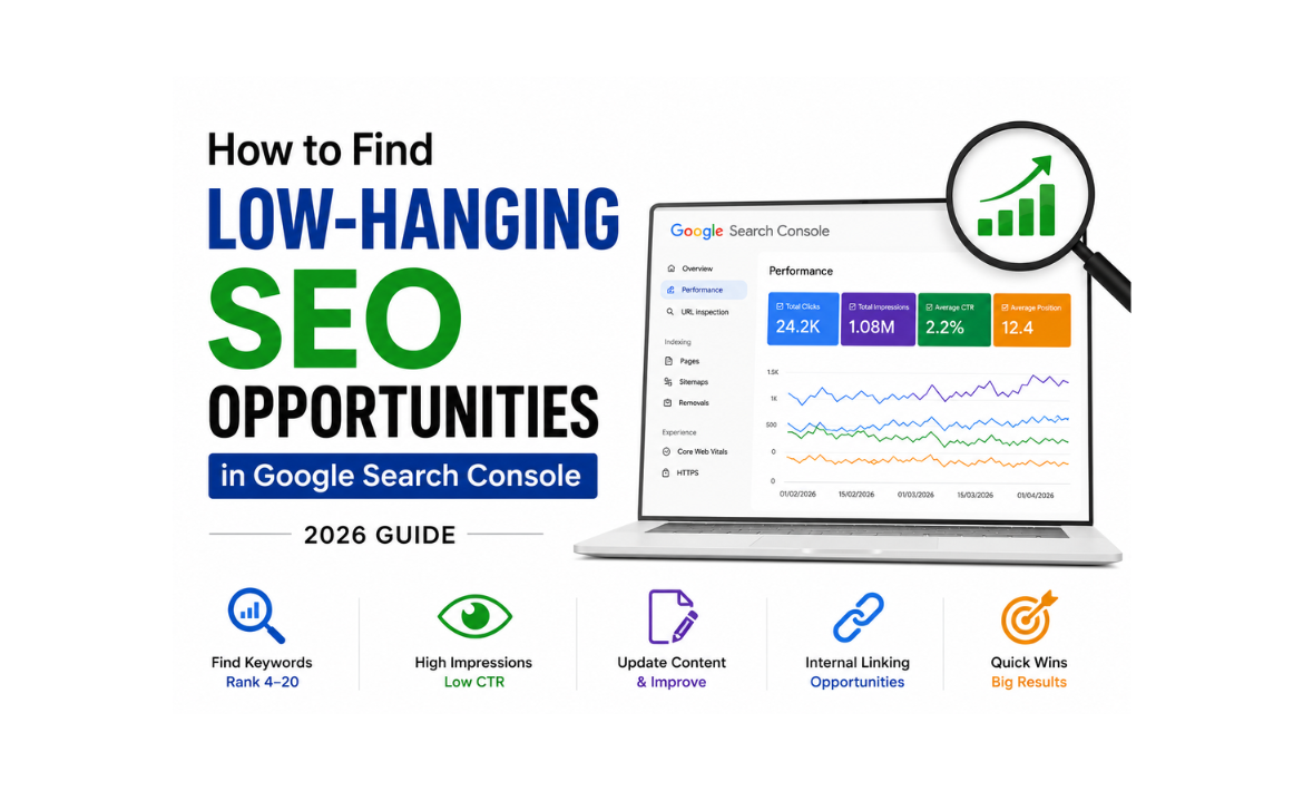 Illustration showing how to find low-hanging SEO opportunities using Google Search Console to improve keyword rankings and organic traffic.