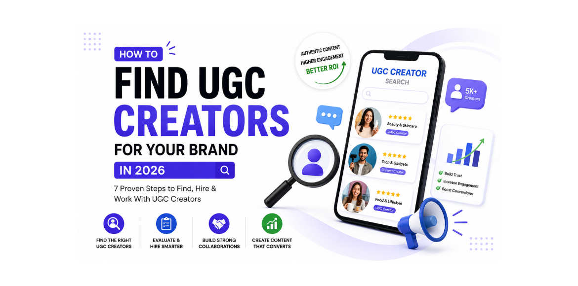 Illustration showing how to find UGC creators for a brand in 2026, featuring creator profiles, content marketing icons, audience targeting metrics, and a smartphone displaying UGC creator search results.