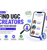 Illustration showing how to find UGC creators for a brand in 2026, featuring creator profiles, content marketing icons, audience targeting metrics, and a smartphone displaying UGC creator search results.