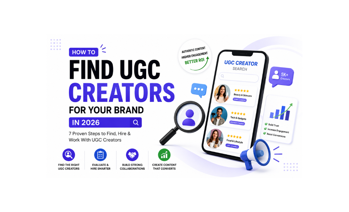 Illustration showing how to find UGC creators for a brand in 2026, featuring creator profiles, content marketing icons, audience targeting metrics, and a smartphone displaying UGC creator search results.