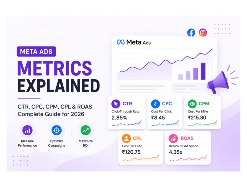 Meta Ads Metrics Explained: CTR, CPC, CPM, CPL & ROAS (Complete Guide for 2026) Meta Ads Metrics Explained infographic showing CTR, CPC, CPM, CPL, and ROAS with performance dashboard and analytics for 2026.