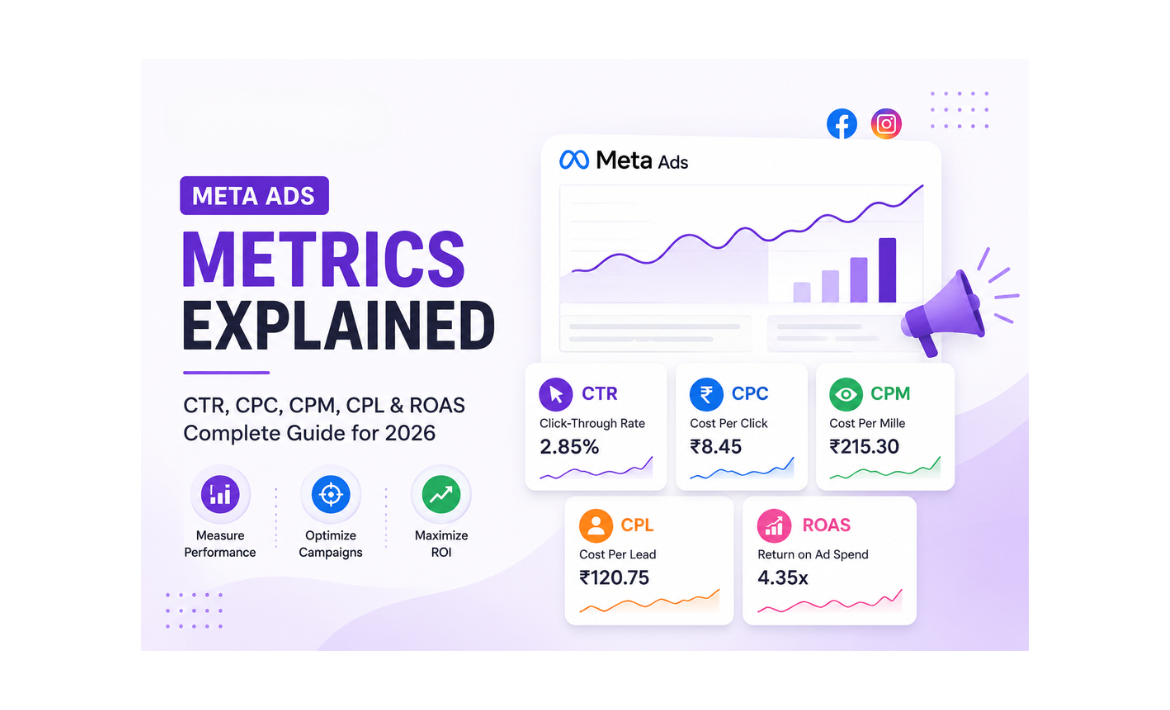 Meta Ads Metrics Explained: CTR, CPC, CPM, CPL & ROAS (Complete Guide for 2026) Meta Ads Metrics Explained infographic showing CTR, CPC, CPM, CPL, and ROAS with performance dashboard and analytics for 2026.
