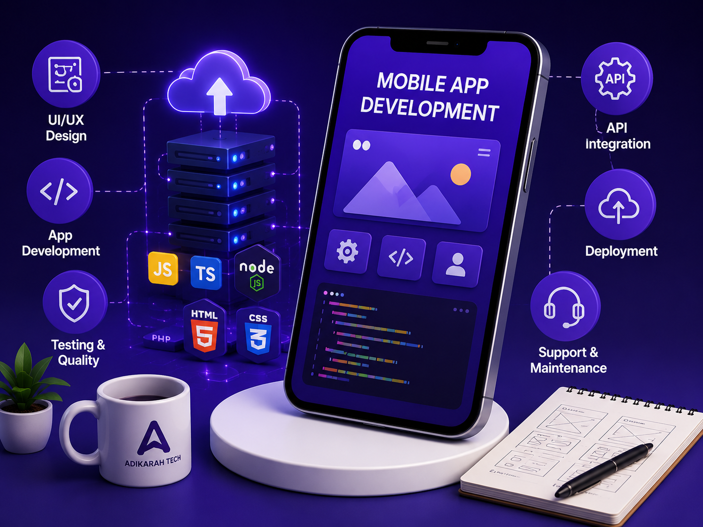 Custom mobile app development workspace featuring a smartphone app interface, coding screen, and modern development tools.