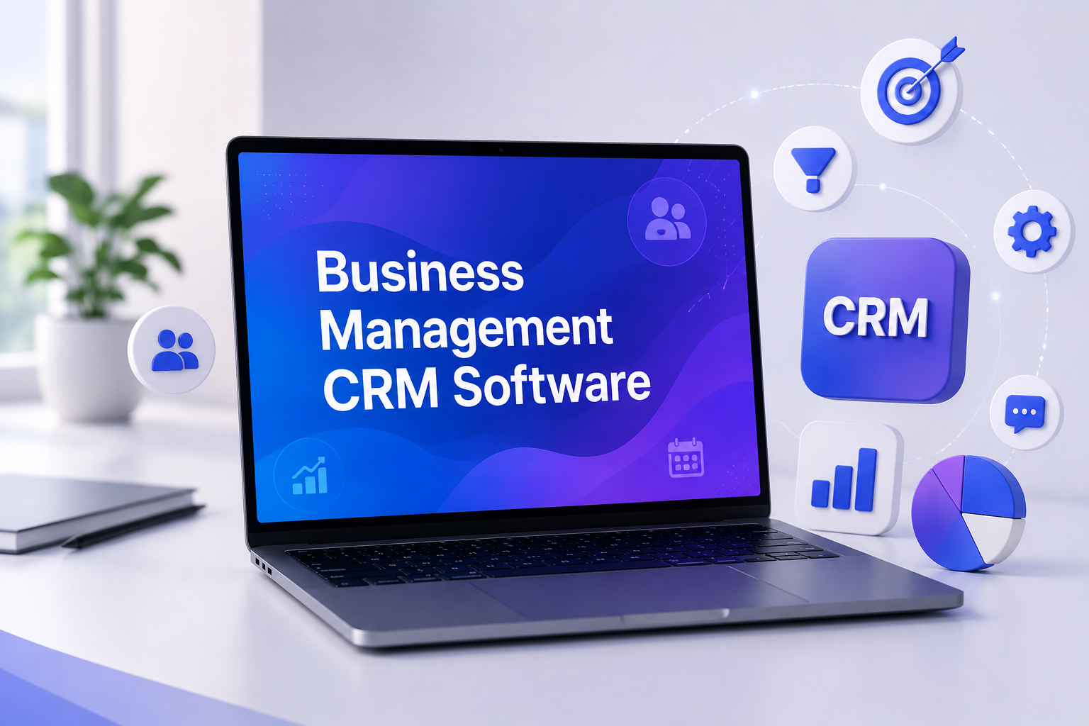 Business Management CRM Software displayed on a modern laptop screen with CRM icons representing customer management, analytics, sales, and business automation.