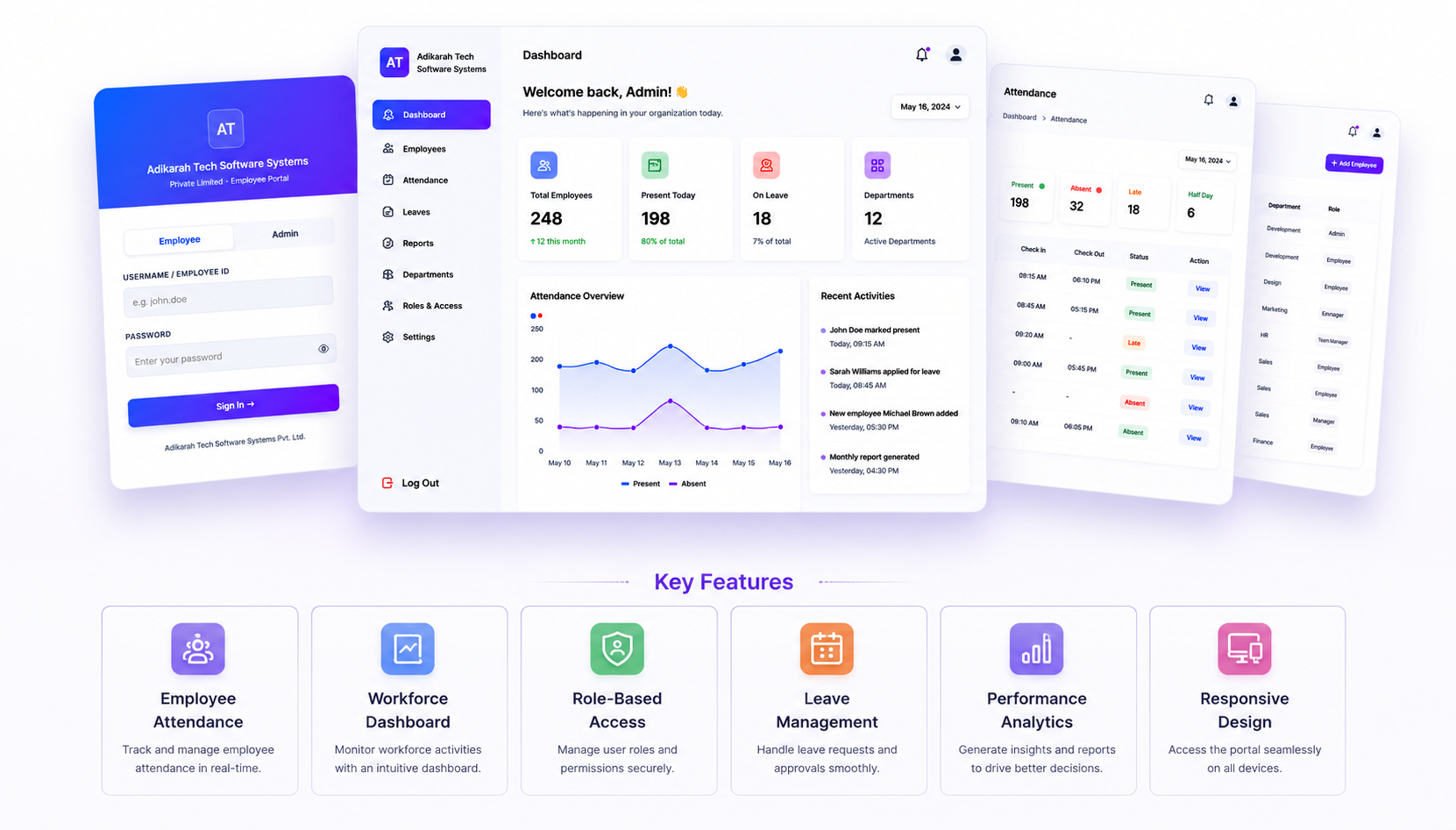 Employee Management & Attendance Portal – Adikarah Tech Project Showcase Employee Management & Attendance Portal dashboard showcasing login screen, workforce dashboard, attendance tracking, role-based access, analytics, and responsive design features.
