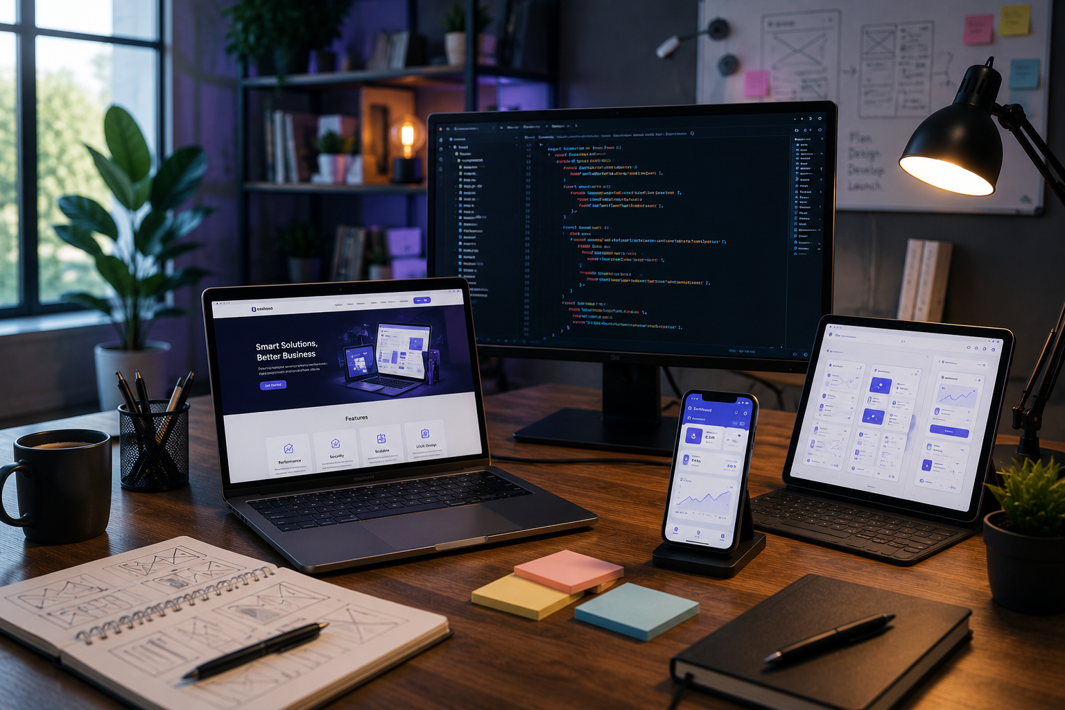 Professional web application development workspace featuring responsive UI design, coding interface, and cross-platform application development.