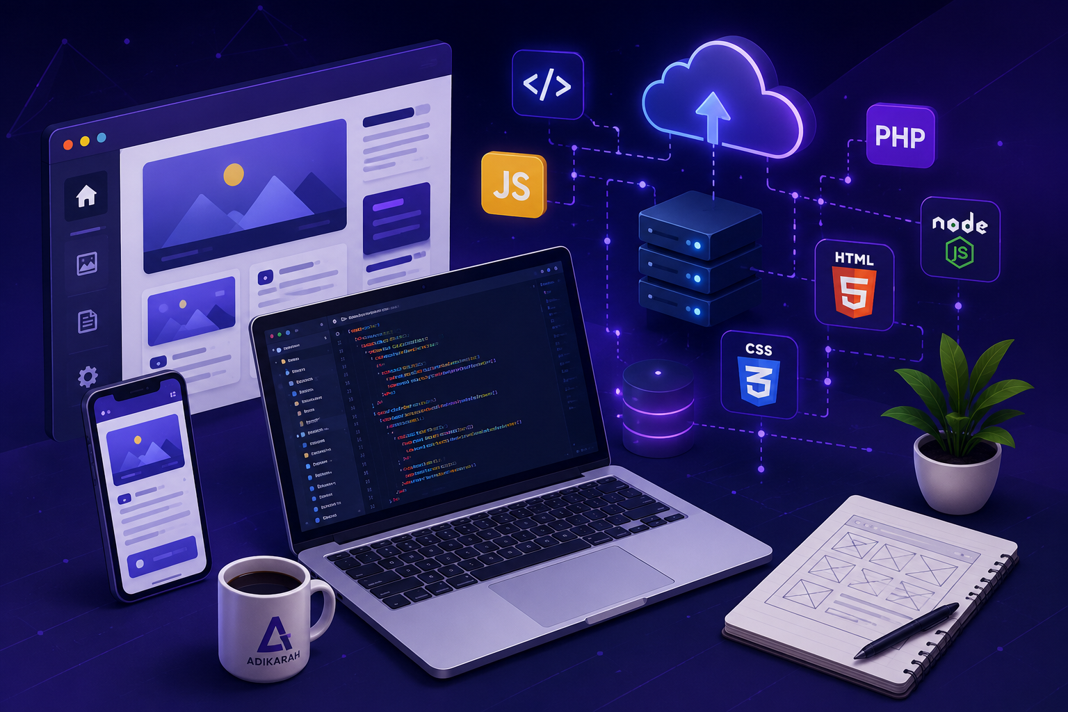 Modern web application development workspace with responsive UI design, coding interface, and mobile application screens.