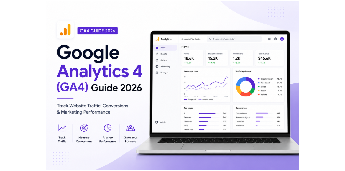 Google Analytics 4 (GA4) Guide 2026: Track Website Traffic, Conversions & Marketing Performance Minimalist blog cover featuring a laptop displaying a Google Analytics 4 (GA4) dashboard with charts and analytics data alongside the title "Google Analytics 4 (GA4) Guide 2026: Track Website Traffic, Conversions & Marketing Performance."