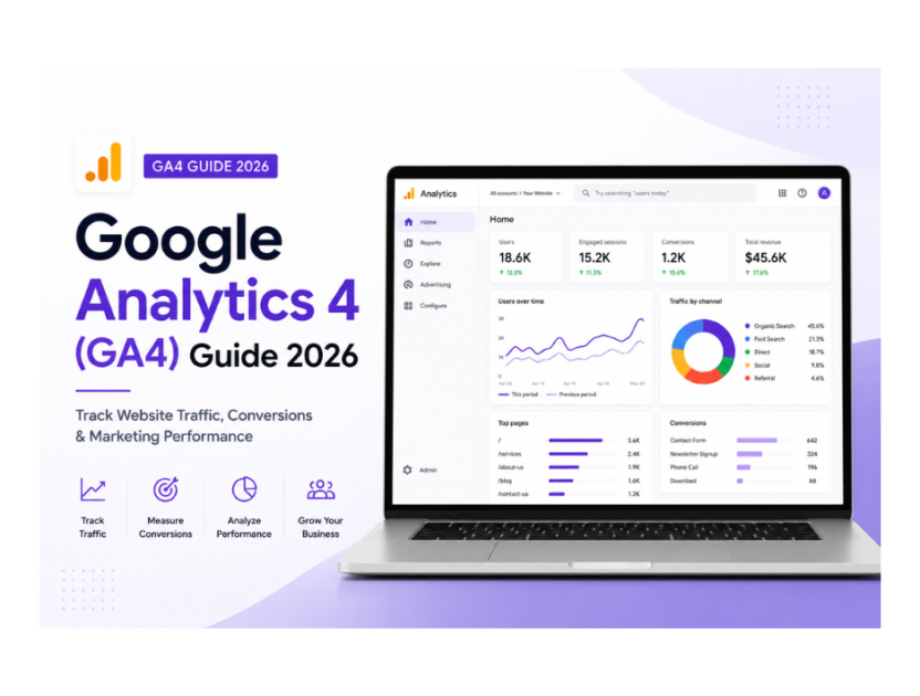 Google Analytics 4 (GA4) Guide 2026: Track Website Traffic, Conversions & Marketing Performance Minimalist blog cover featuring a laptop displaying a Google Analytics 4 (GA4) dashboard with charts and analytics data alongside the title "Google Analytics 4 (GA4) Guide 2026: Track Website Traffic, Conversions & Marketing Performance."