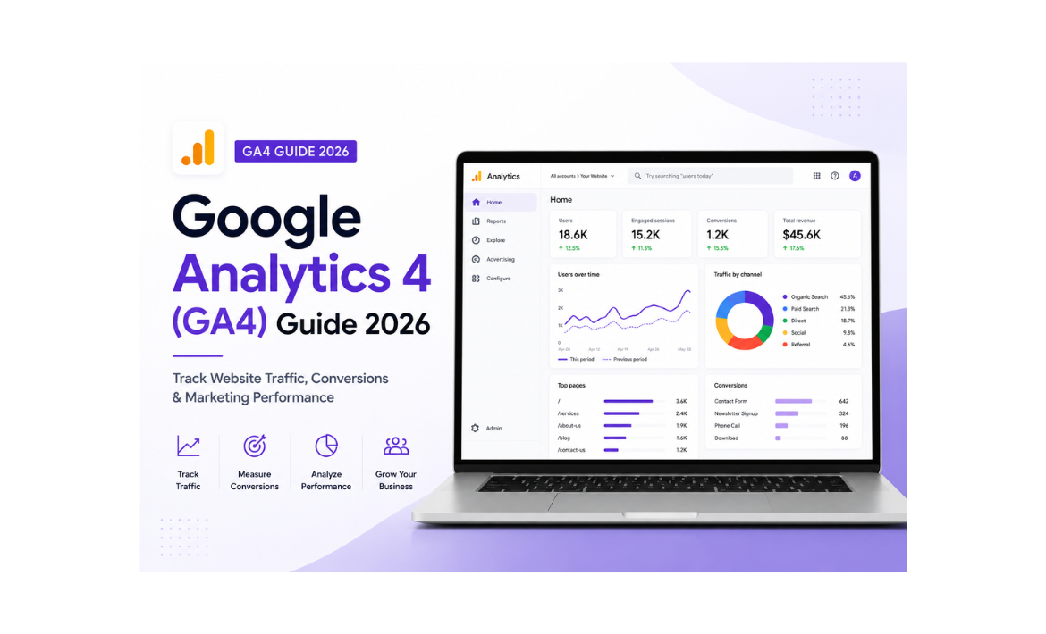 Google Analytics 4 (GA4) Guide 2026: Track Website Traffic, Conversions & Marketing Performance Minimalist blog cover featuring a laptop displaying a Google Analytics 4 (GA4) dashboard with charts and analytics data alongside the title "Google Analytics 4 (GA4) Guide 2026: Track Website Traffic, Conversions & Marketing Performance."