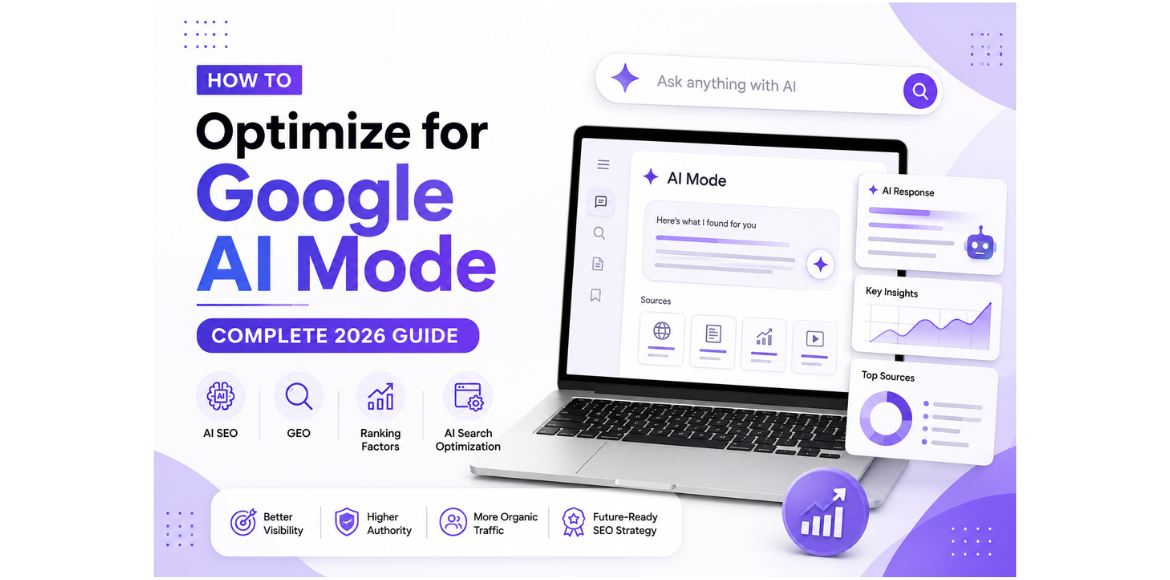 Google AI Mode 2026 guide illustration showing AI-powered search optimization, SEO strategy, and Google search results.