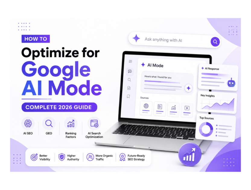 Google AI Mode 2026 guide illustration showing AI-powered search optimization, SEO strategy, and Google search results.