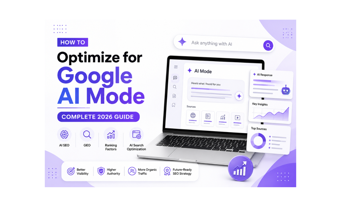 Google AI Mode 2026 guide illustration showing AI-powered search optimization, SEO strategy, and Google search results.