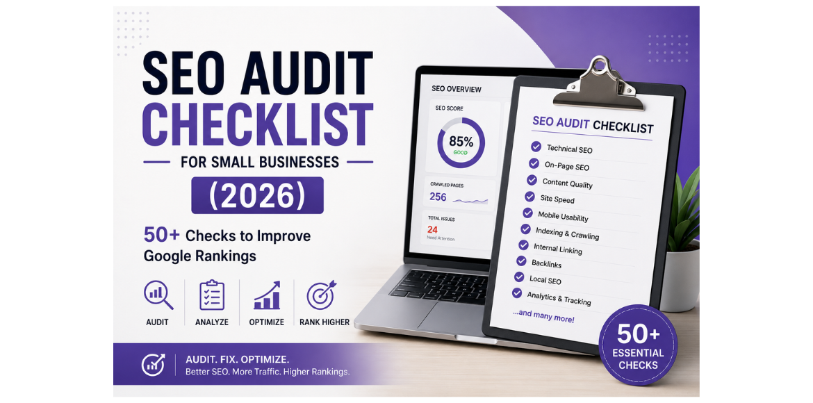 SEO Audit Checklist for Small Businesses (2026) 50+ Checks to Improve Google Rankings (1) SEO Audit Checklist for Small Businesses (2026) with website audit dashboard, checklist, and Google ranking optimization illustration