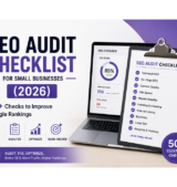 SEO Audit Checklist for Small Businesses (2026) 50+ Checks to Improve Google Rankings (1) SEO Audit Checklist for Small Businesses (2026) with website audit dashboard, checklist, and Google ranking optimization illustration
