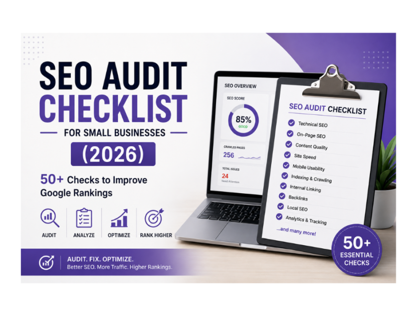 SEO Audit Checklist for Small Businesses (2026) 50+ Checks to Improve Google Rankings (1) SEO Audit Checklist for Small Businesses (2026) with website audit dashboard, checklist, and Google ranking optimization illustration