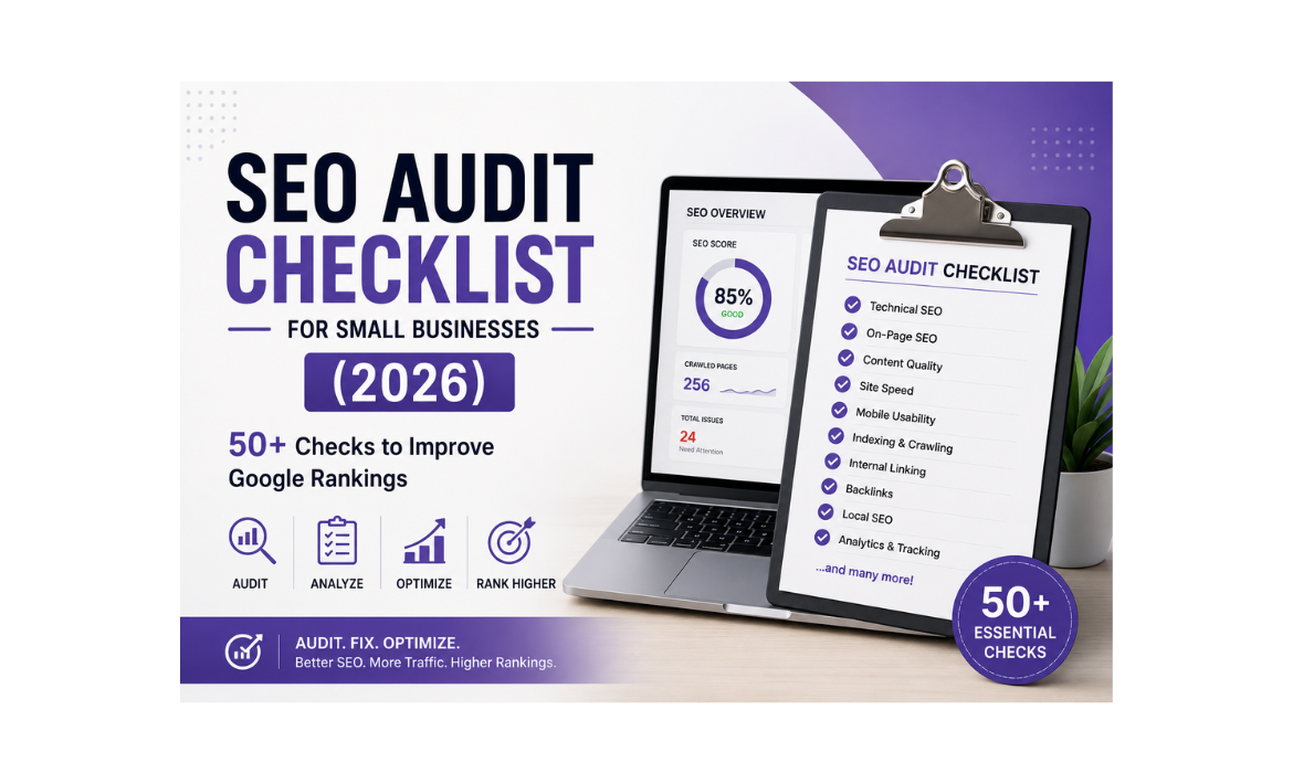 SEO Audit Checklist for Small Businesses (2026) 50+ Checks to Improve Google Rankings (1) SEO Audit Checklist for Small Businesses (2026) with website audit dashboard, checklist, and Google ranking optimization illustration
