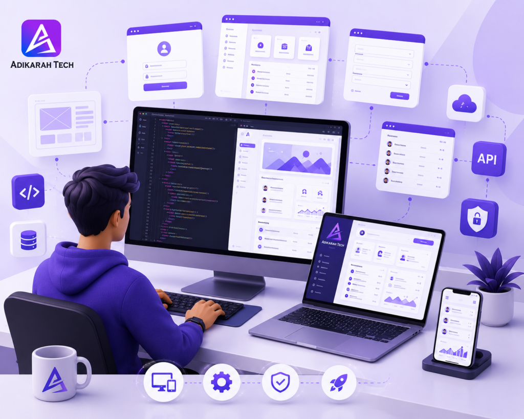 Developer building a custom web application dashboard with Adikarah Tech branding