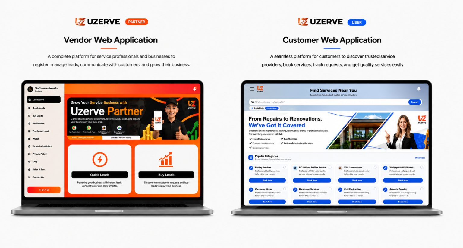 UZERVE Partner and UZERVE User web applications displayed side by side, showcasing vendor and customer dashboards for the complete service marketplace ecosystem.