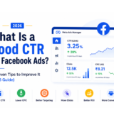 Good CTR for Facebook Ads illustrated with Meta Ads dashboard, CTR analytics, campaign performance metrics, and optimization strategies for 2026.
